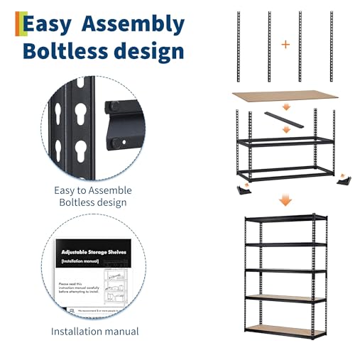 Image of Storage Shelving Unit, 5-Tier Adjustable Metal Storage Shelves, 48 inch L x 24 inch W x 72 inch H Heavy Duty Garage Storage Shelves for Kitchen Pantry Basement Bathroom Laundry