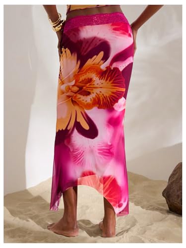 Milumia Women's Boho Floral Mesh Skirts Low Waisted Asymmetrical Hem Maxi Skirts3