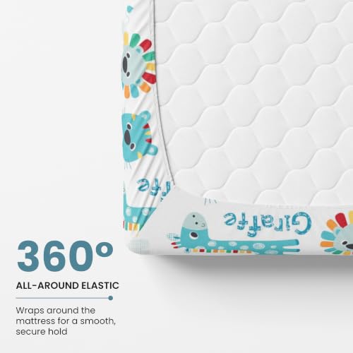 Image of LORETO - A QUALITY LINEN BRAND 144 TC 100% Pure Cotton King Size Fitted Bedsheet with 2 Pillow Covers for 72 x 72 Inch Mattress, All-Around Elastic, 8 Inch Deep Pocket, Aqua & Rainbow Animal Parade