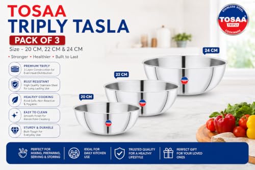 Image of TOSAA Triply Stainless Steel Tasla Set of 3-20 cm (1500 ml), 22 cm (2000 ml) & 24 cm (2600 ml) | Tri-Ply Induction Bottom | Compatible with Gas & Induction | Silver
