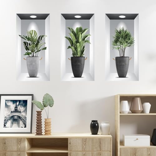 3 Pezzi Adesivi Murali Pianta,3D verde pianta in vaso adesivi impermeabili della parete d'arte,3D adesivo della parete della pianta per il soggiorno camera da letto bagno cucina ufficio decorazione