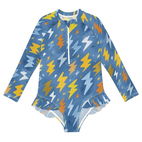 Girls'Swimwear Swimsuit Rash Guard,Lightning Bolt Pattern Print Long Sleeve One Piece Bathing Suits for Kids Toddlers,Quick Dry Swimming Suit Zipper 4T