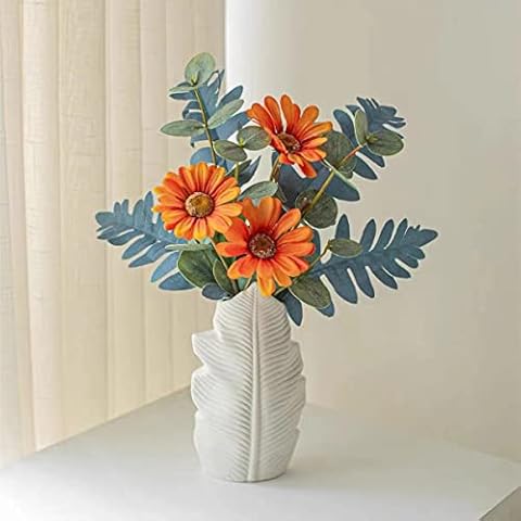 NAWEIDA Artificial Flower with Vase Silk Daisy Artificial Flowers in Vase Faux Eucalyptus Flower Arrangements with Vase for Home Decor Table Centerpieces Kitchen Dining Room Wedding Cover