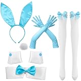 Floraltop Women's Sexy Bunny Costume Set Rabbit Ear Headband Bowtie Cuff Bunny Tail Stocking Adult Cosplay Accessories(Blue)
