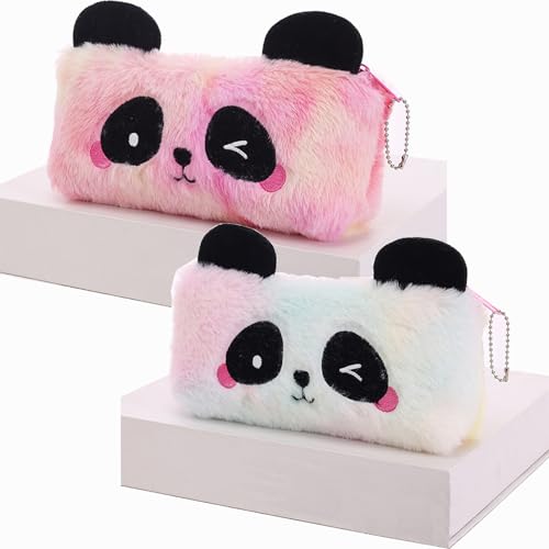 BetterJonny Lot de 2 Trousses à Crayons en Peluche, Jolie Trousse à Crayons Arc-en-Ciel pour Filles avec Motif de Panda Mignon-Rose,Bleu