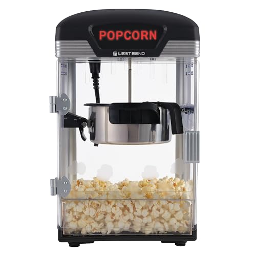 West Bend Stir Crazy Movie Theater Popcorn Popper, Gourmet Popcorn Maker Machine with Nonstick Popcorn Kettle and Popcorn Scoop for Popcorn Machine, 4 Qt., Black