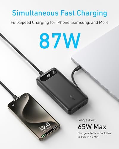 Anker Power Bank, 20,000mAh Travel Essential Portable Charger with Built-in USB-C Cable, 3-Port 87W Max Fast Charging Battery Pack, for MacBook, iPhone 16/15 Series, Samsung, Switch, and More