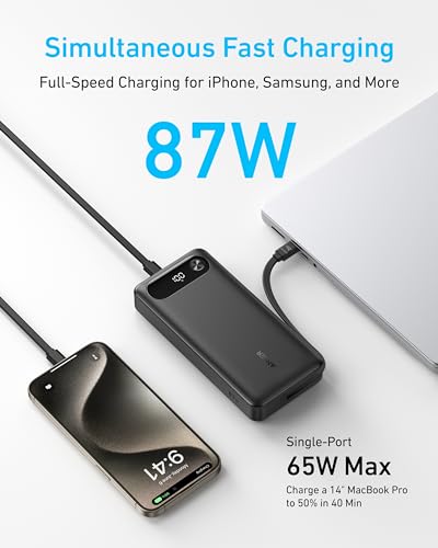 Anker Power Bank, 20,000mAh Travel Essential Portable Charger with Built-in USB-C Cable, 3-Port 87W Max Fast Charging Ba