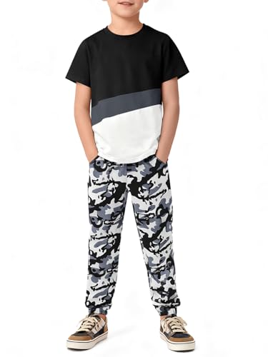 Haloumoning Boys 2 Piece Outfits Kids Colorblock Short Sleeve T-Shirts and Camouflage Pants Clothes Set 5-14 Years
