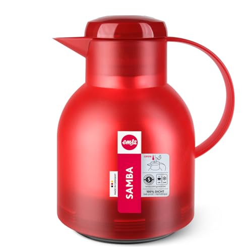 Foto von Emsa Isolierkanne Samba, 1 Liter, Made in Germany, 12h heiß, 24h kalt, leichte Bedienung, Thermoskanne, Isolierkanne für Kaffee oder Tee, Rot, 504232