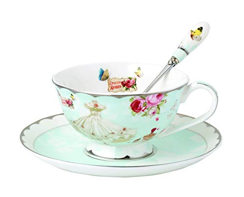 YBK Tech Ensemble tasse et soucoupe style européen en porcelaine anglaise pour thé, café, maison, cuisine, mariage - Motif rose et robe (style I)