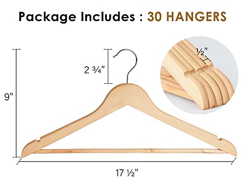 StorageWorks Wooden Hangers 30 Pack, Wood Coat Hanger for Coats, Shirts, Jackets, Pants, Suits, Natural Wood Color