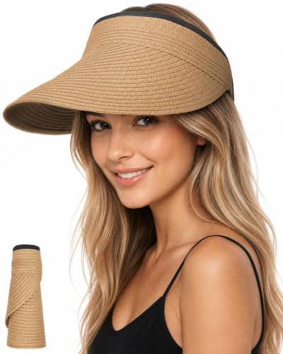 Senker Fashion Sun Hats Visor for Women Straw Beach Hat Adjustable Wide Brim Ponytail Packable for Summer Travel UPF 50+ Khaki