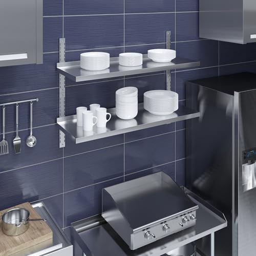 Image of AmGood 16 in. x 48 in. Two-Tier Stainless Steel Wall Mount Shelf | Heavy-Duty Metal Shelving for Kitchen, Garage, Pantry, Closet, and More