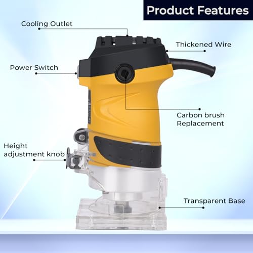 Image of Deli DL-XB06-E1 550W Laminate Trimmer 220-240v ~50hz /60hz Wood-Trimmer Router with 30000 RPM No Load Speed 6mm(1 /4 inch) Changing Chuck Woodworking Hand Tool Cutter for Edge Banding (Pack of 1, Yellow)