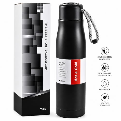 Image of Premium Stainless Steel Vacuum Insulated Water Bottle (550ml) Thermal Dori Bottle with Strap | Hot & Cold | Leak-Proof Double Wall Vacuum Flask (Black)