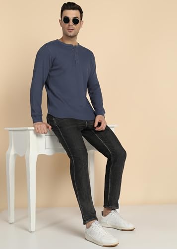 Image of Alan Jones Clothing Men's 100%Cotton Regular Fit Waffle Henley Neck Long Sleeve T-Shirt