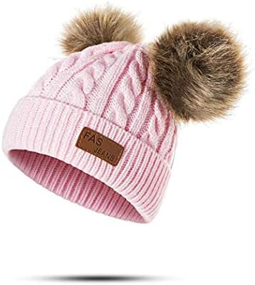 Infant Toddler Beanie Woolen Hat Pure Color Winter Twist Double Pom Pom Wool Knitted Cap for 0-3 Years Old (E- Pink, 0-3 Years Old)