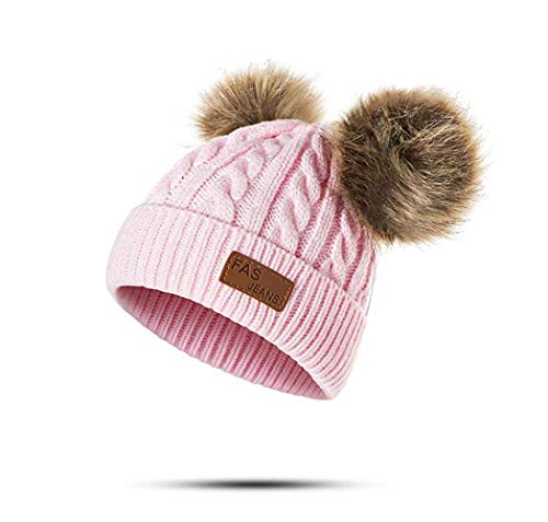 Infant Toddler Beanie Woolen Hat Pure Color Winter Twist Double Pom Pom Wool Knitted Cap For 0-3 Years Old (E- Pink, 0-3 Years Old) #TOP30