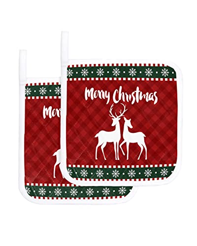 Pot Holder For Kitchen Merry Christmas White Reindeer Tartan Plaid Heat Proof Potholders 2 Pack Protect Hand Hot Pads With Loop For Bbq Cooking Baking Snowflake Border #TOP20