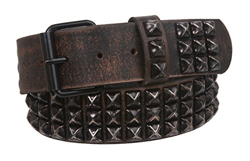 Snap On Oil Tanned Three Row Punk Rock Star Distressed Black Studded Full Grain Cowhide Leather Belt, Black | 34