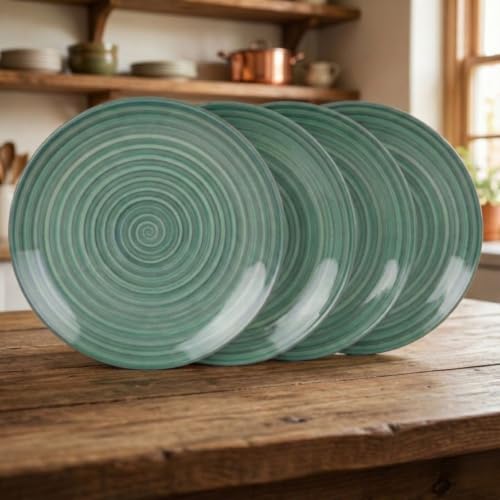 Image of Freakway Hand-Painted 'sea Swirls' Ceramic Quarter Plates Side Plates - 7.3 Inch Set of 4 Pieces Serving Platter Plates for Snacks & Dinner | Microwave & Dishwasher Safe | Green