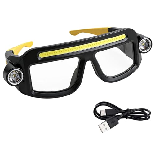 ZHOSXRC LED Glasses Safety Glasses with Lights 5-Mode Rechargeable USB Work Flashlight Waterproof Headlamp for Hiking Camping (Yellow)