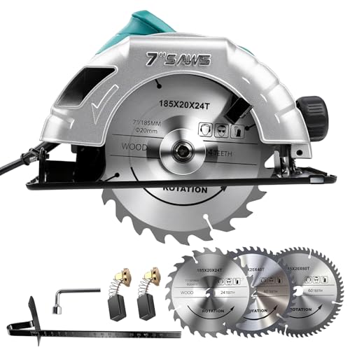 Professional 1200W Handkreissäge 185mm (Ø) – Schnitttiefe 65mm, 5200 U/min – 0-45° Schrägschnitt – inkl. 24/40/60 Zähne Hartmetall-Sägeblätter (Trockenschnitt) für Holz, Platten, Dachlatten