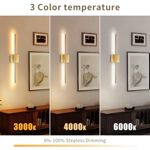 Image of Battery Operated Wall Sconce Set of Two with Remote Control, Rechargeable & Dimmable Wireless, Easy Install Peel and Stick, Timer Function, Wall Lights for Living Room, Bedroom, 28.3 inch (Brass)