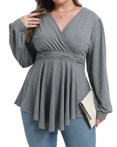 Plus Size Tops for Women Lace Long Sleeve Fall Shirts Casual Dressy Wrap V Neck Pleated Tunic Top