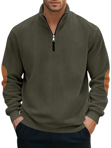 Men's Quarter Zipper Pullover Corduroy Crew Neck Sweatshirt Spring Autumn Casual Knit Long Sleeve Polo Shirt