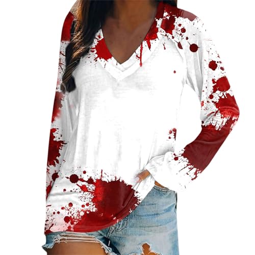 Fake Blood Splatter Bloody Shirt Halloween Costume T-Shirt Women Witch Shirts Blood Stained Plus Size V Neck Pumpkin Face Funny Graphic Tees Long Sleeve, Red, M