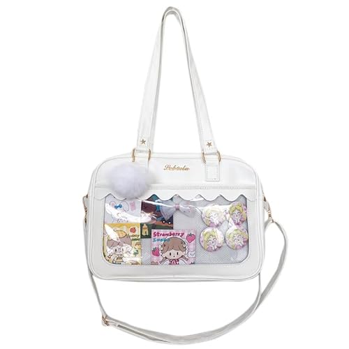 Ita Bag - Mala cruzada Kawaii com bonito pino expositor de mensageiro, bolsa de ombro transparente japonesa, Branco + bola fur