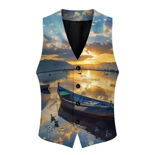 Blue Landscape Boat And Sea Men's Suit Vests Business Formal Dress V-Neck Waistcoat Tops with 2 Pockets4
