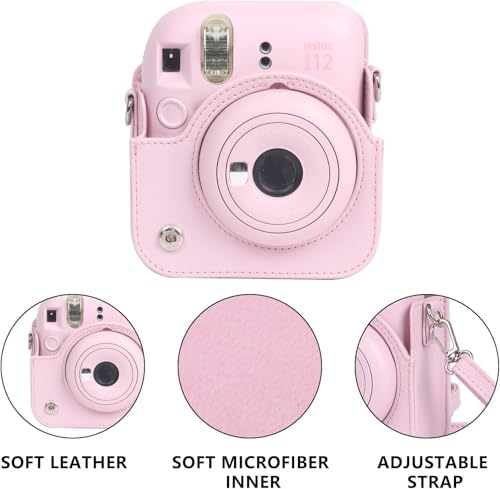 Image of Breatoi PU Leather Camera Case for Mini 12 - Rainproof, Soft, and Stylish in Blossom Pink with Adjustable Shoulder Strap