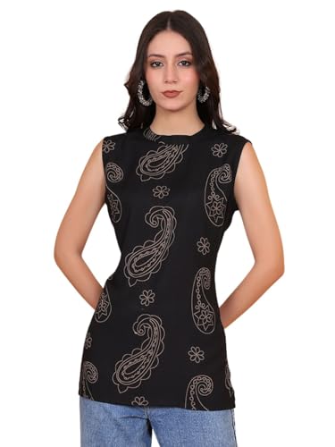 Image of FIMS - Fashion is my style Rayon Short Kurti for Women, Ethnic Printed, Black Sleeveless Kurtis, Summer Wear, Ideal Gift for Girls