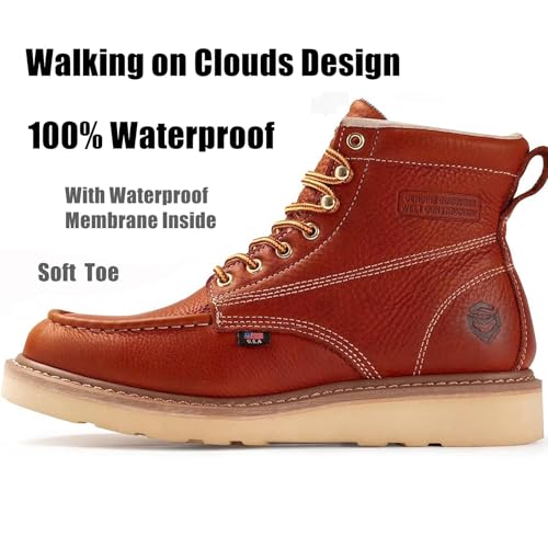 SUREWAY 6 in Mens Waterproof Soft Toe Work Boots for Men-Full Grain Leather,Goodyear,Non-Slip EH Safety Industial Construction Wedge Moc Toe Work Boots/Shoes,Waterproof Soft Toe Light Brown,Size 10.52