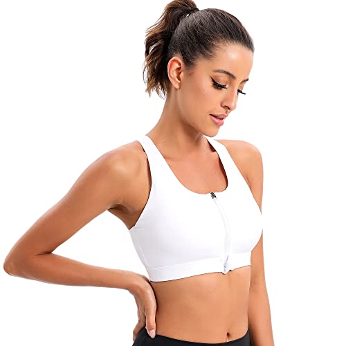 Cordaw Women Sports Bra Zipper Front Criss Cross Strappy Back Medium Impact Supportive Zip Up Bra, White X-Large #TOP6