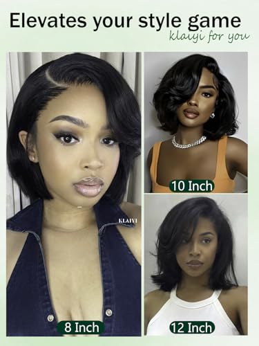 Image of KLAIYI Layered Bob Straight Bye Bye Knots Precut 7x5 Lace Front Wigs Human Hair Side Part Bang Blunt Cut Drawstring Glueless Wear and Go Wig Pre Plucked Bleached 30S Ready to Put On Go Wig 150% 8Inch