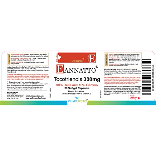 Wellness Extract E Annatto Tocotrienols Deltagold 300Mg, Vitamin E Supplements 30 Softgel Capsules, Tocopherol Free, Supports Immune Health & Antioxidant Health (90% Delta & 10% Gamma). #TOP7