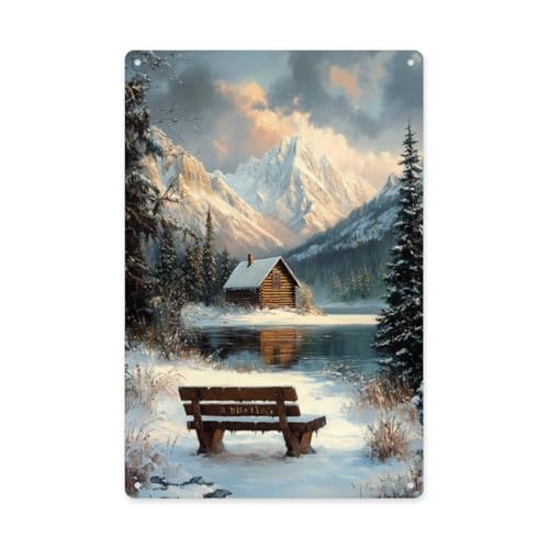 BEAROWL Metal tin sign with winter landscape，Snowy cabin, pine trees & mountains view, tranquil wall art for home decor,Easy to hang aluminum posters，suited for nature lovers 8x12 inch