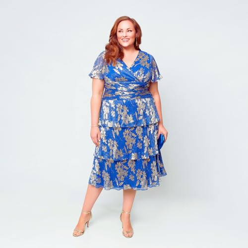 Image of S.L. Fashions Women's Short Sleeve Tea Length V-Neck Mother of The Bride Dress with Ruched Waist, Wedding Guest (Plus Size)