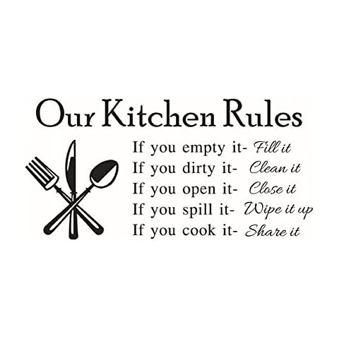DNVEN Our Kitchen Rules Quotes Family Graphic Handmade Wall Decals Stickers Removable DIY Vinyl Arts for Children Bedrooms Family Playroom Classrooms 23 inches x 11 inches Cover