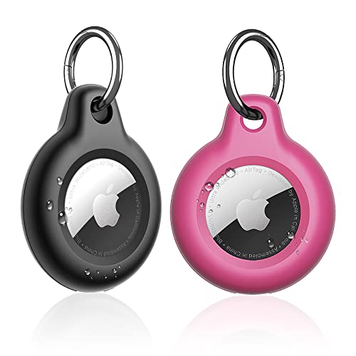 Supfine Waterproof Airtag Holder,2 Pack Air Tag Keychain,Full Body Protective Tracker Case with Key Ring for Apple Tags,IPX8 Cover for Wallet,Luggage,Cat,Dog,Pets,for Item Finder(Black/Rose red)