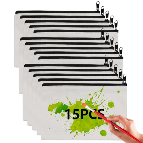 OKBA 15 peças sacos de maquiagem em branco por sublimação, bolsa de lápis de lona com zíper preto, sacolas de poliéster para artesanato diy de sublimação