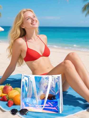 Woeoe Holographic Clear Tote Bag with Leather Handle Iridescent Beach Totes Shoulder Handbag for Women Summer Pool Party3