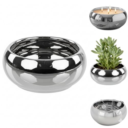 botle Pot de fleurs en céramique argenté - Diamètre : 23,5 cm - Bol décoratif glamour - Pour plantes succulentes - Décoration de table - Pour mariage - Rangement de bijoux