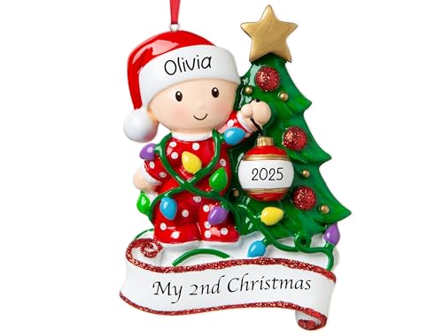 UniqXmas Personalized Baby's Second Christmas Ornament 2025 | Baby Girl & Boy Xmas Tree Decoration Red – My 2nd Christmas Keepsake Gift for Grandbaby Daughter Son | Custom Name & Year