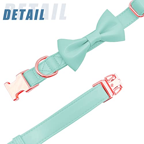 Soft Leather Bowtie Dog Collar - Adjustable Cute Bow Tie Collar [Easy To Clean] With Stylish Rose Gold Heavy Duty Metal Buckle For Small Medium Large Dogs Mint Green S #TOP2