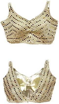 Women's Phantom Silk Embroidery Real Mirror Work Sleeveless Saree Readymade Blouse (V -Mirror Blouse_White_38 Size)
